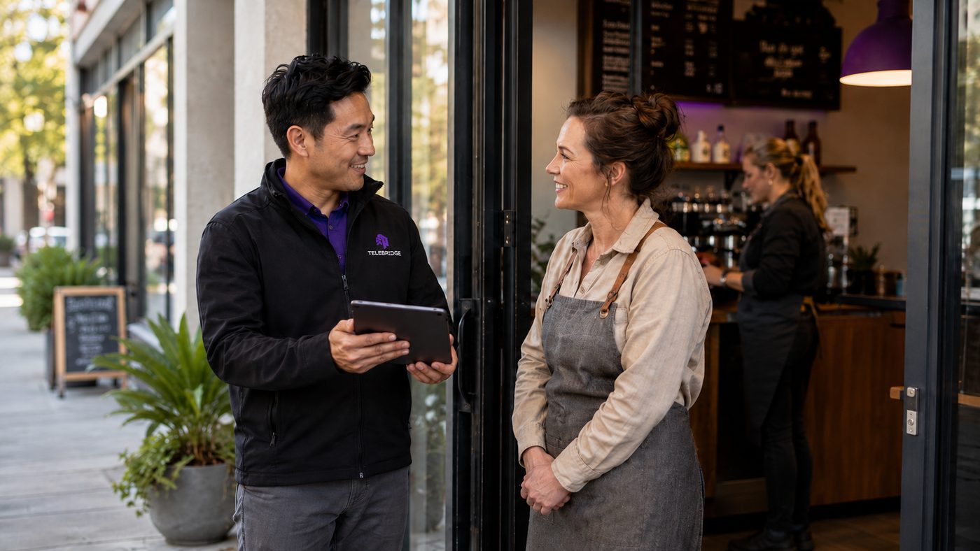 A Telebridge advisor reviewing connectivity options with a local café owner