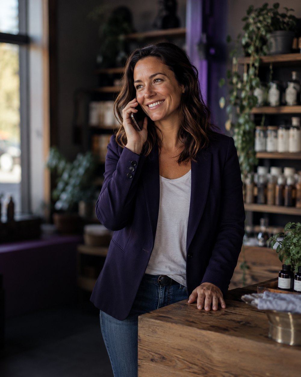 Canadian small-business owner taking a call on her business phone system at her boutique counter