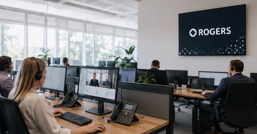 Business team on headsets in a Rogers-branded office running calls and video meetings