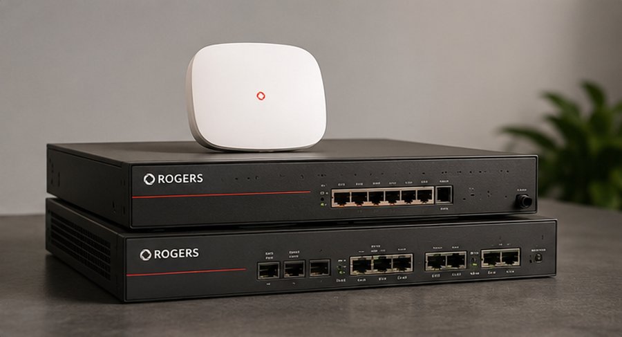 Stacked Rogers business network hardware — router, switch, and wireless access point