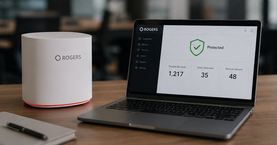 Rogers security dashboard on a laptop showing threats blocked and devices protected, next to a Rogers device