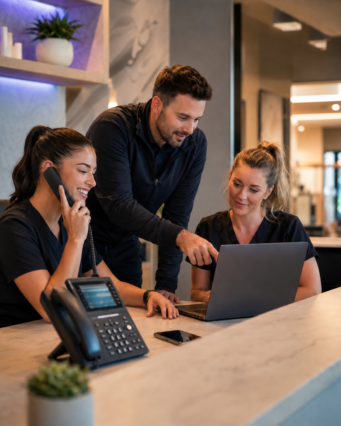 Clinic reception team using their Telebridge business phone system