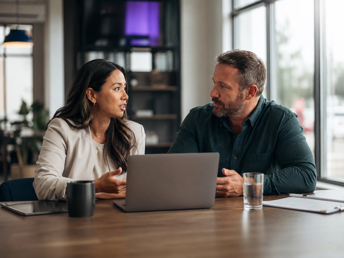 A Telebridge account manager reviewing a business owner's setup together