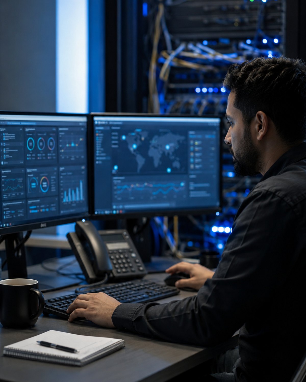 A Telebridge engineer reviewing a multi-site network monitoring dashboard