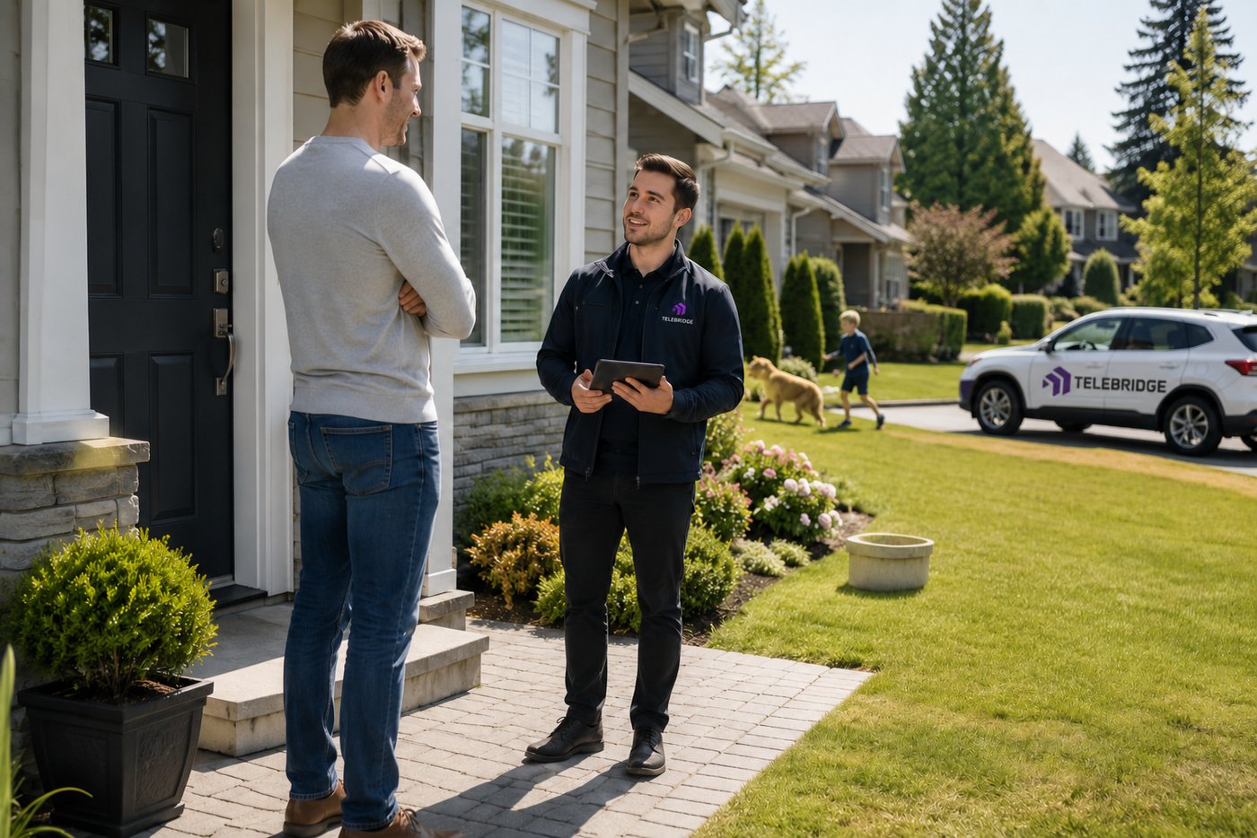 A Telebridge field representative in branded gear speaking with a homeowner at their door, branded vehicle on the street