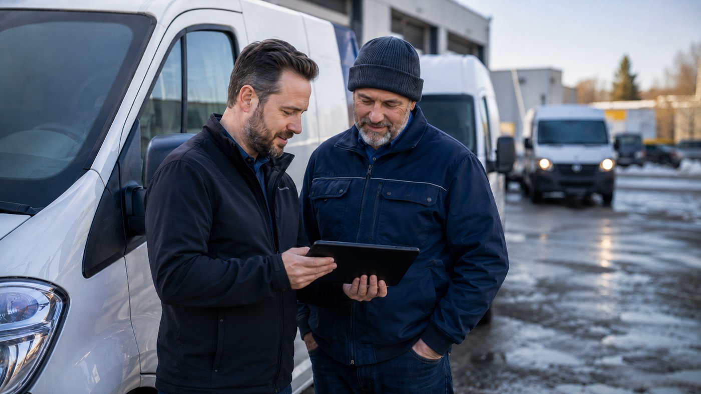Telebridge advisor reviewing a fleet tracking plan on a tablet with a driver beside company vans