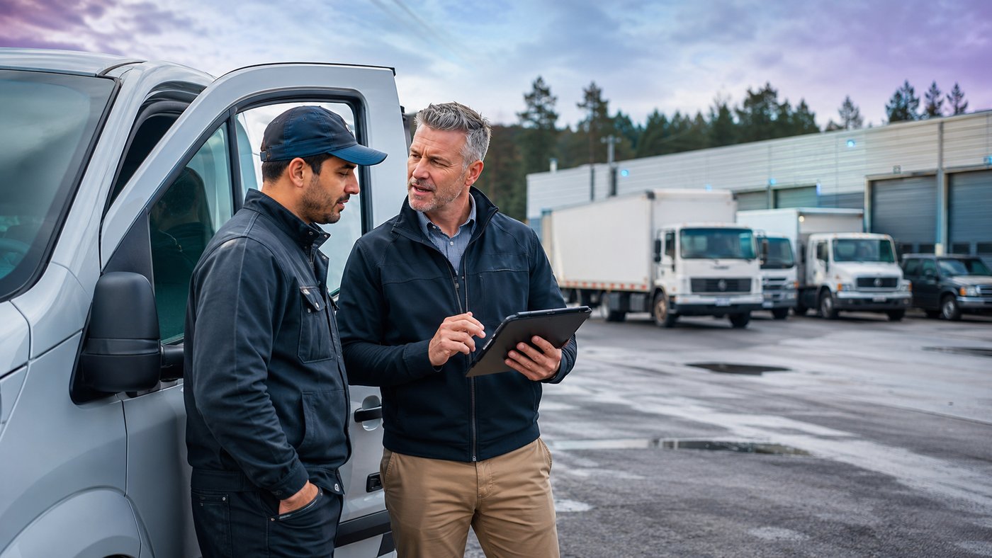 Telebridge advisor reviewing fleet tracking on a tablet with a driver beside company vehicles