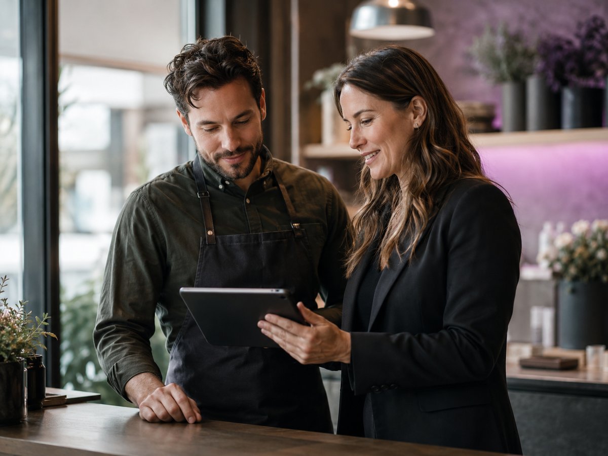 A business owner going over their setup with an account manager at the counter