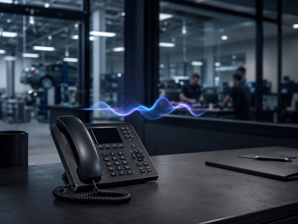 An AI voice agent visual booking a service appointment, a dealership service desk behind