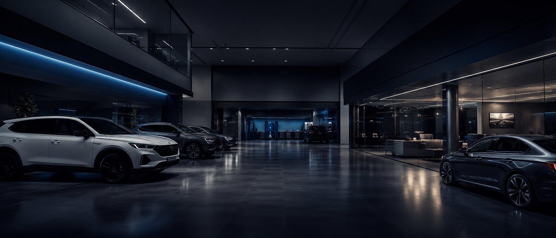 A modern auto dealership showroom or service centre at a calm professional moment