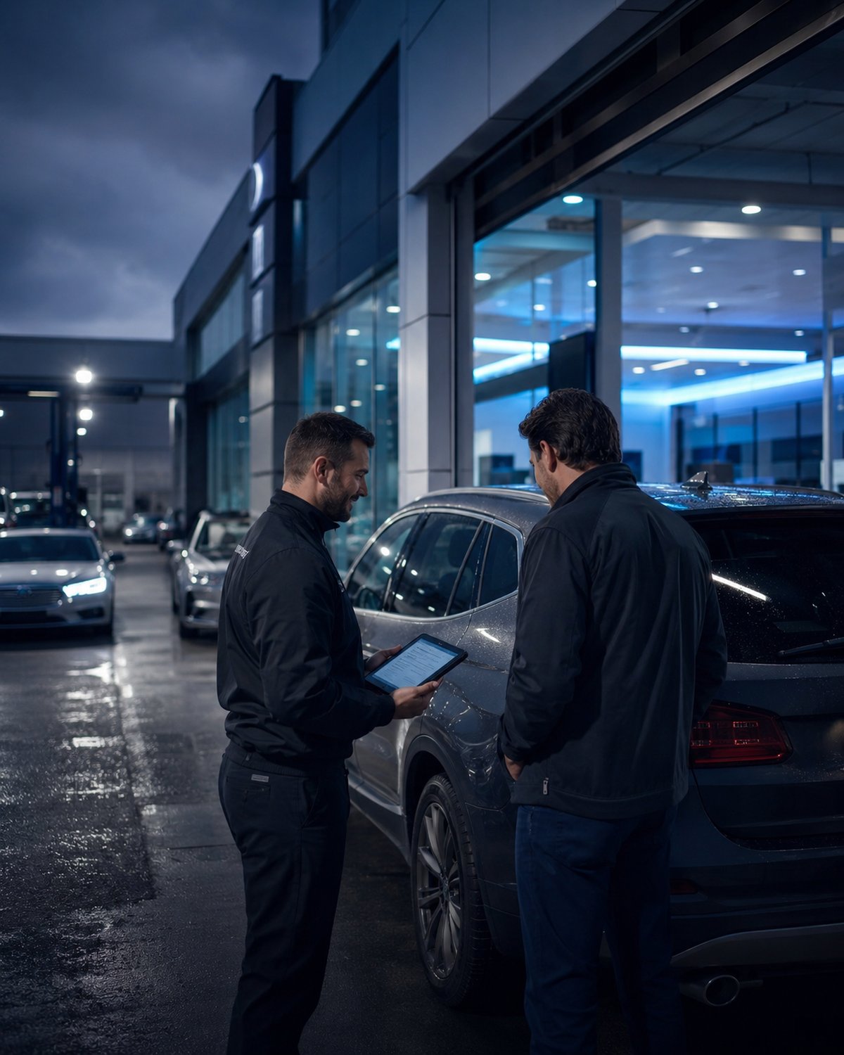 A modern auto dealership service drive or showroom with a service advisor and a customer, professional and busy