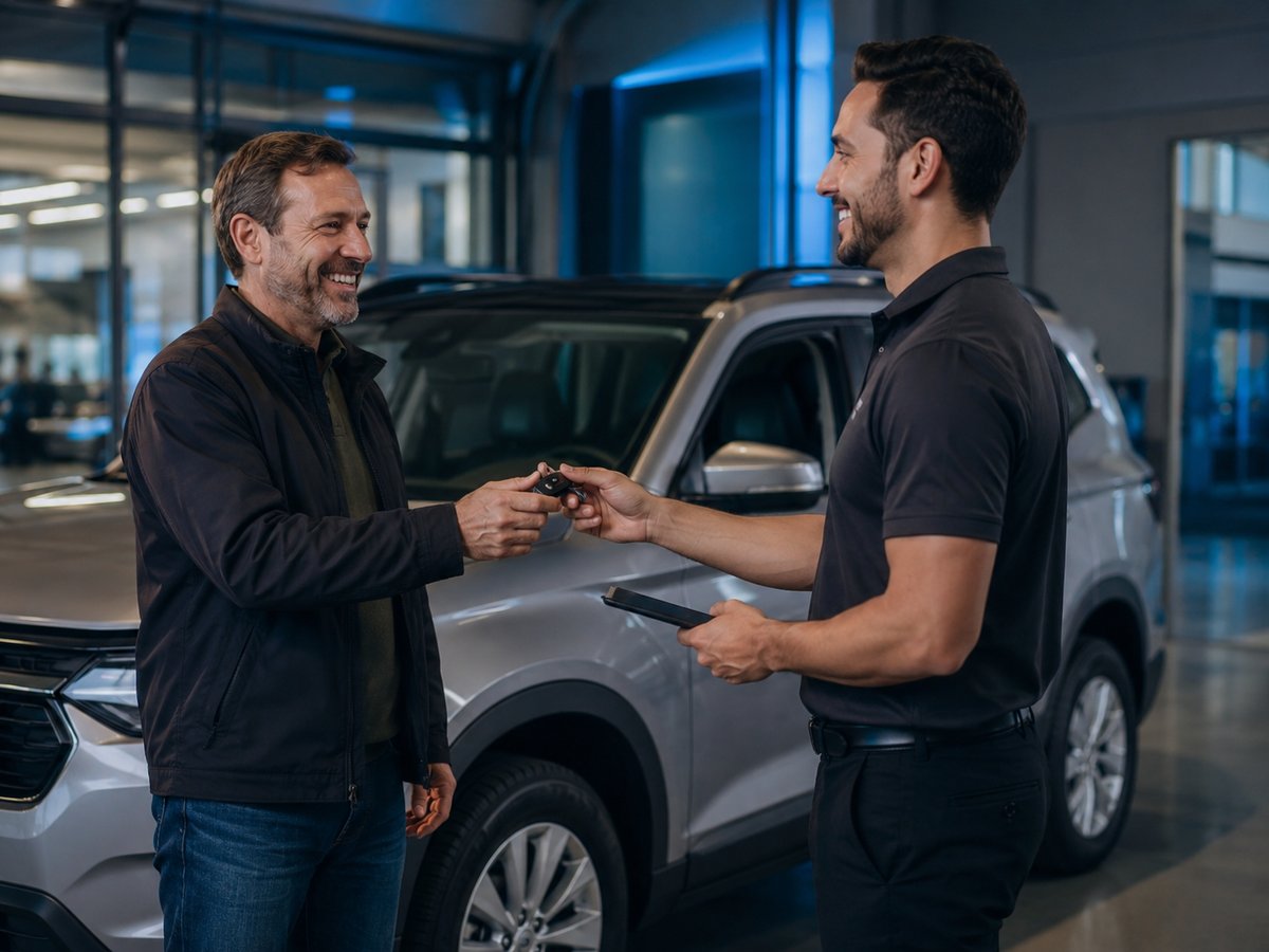 A returning happy customer with their vehicle, service loyalty and retention feel