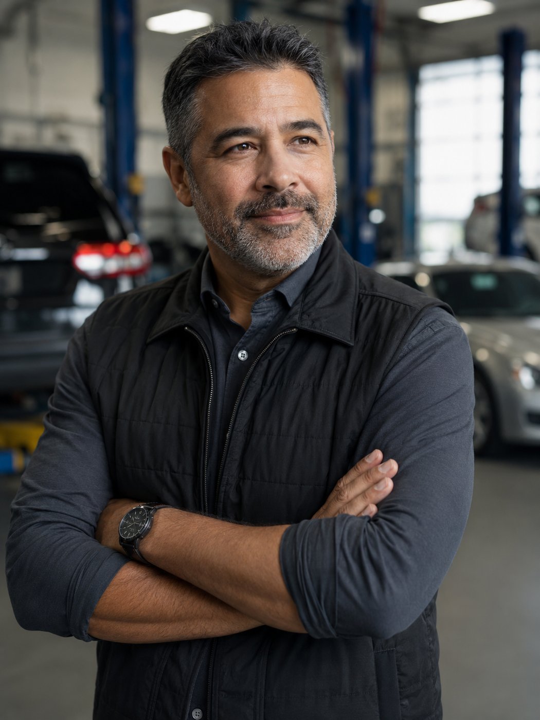 A confident dealership or service shop owner or manager standing in the service area