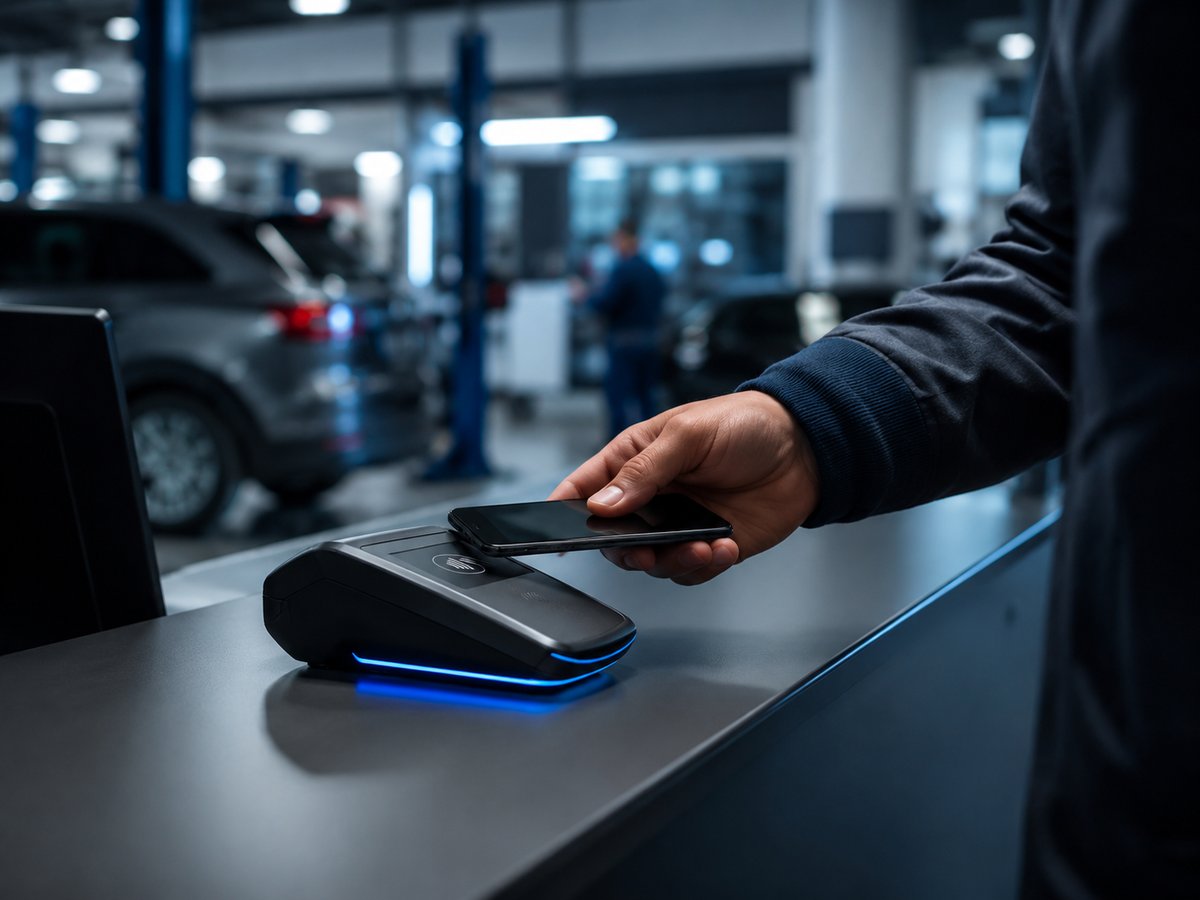 A customer paying at a dealership service desk with a modern terminal