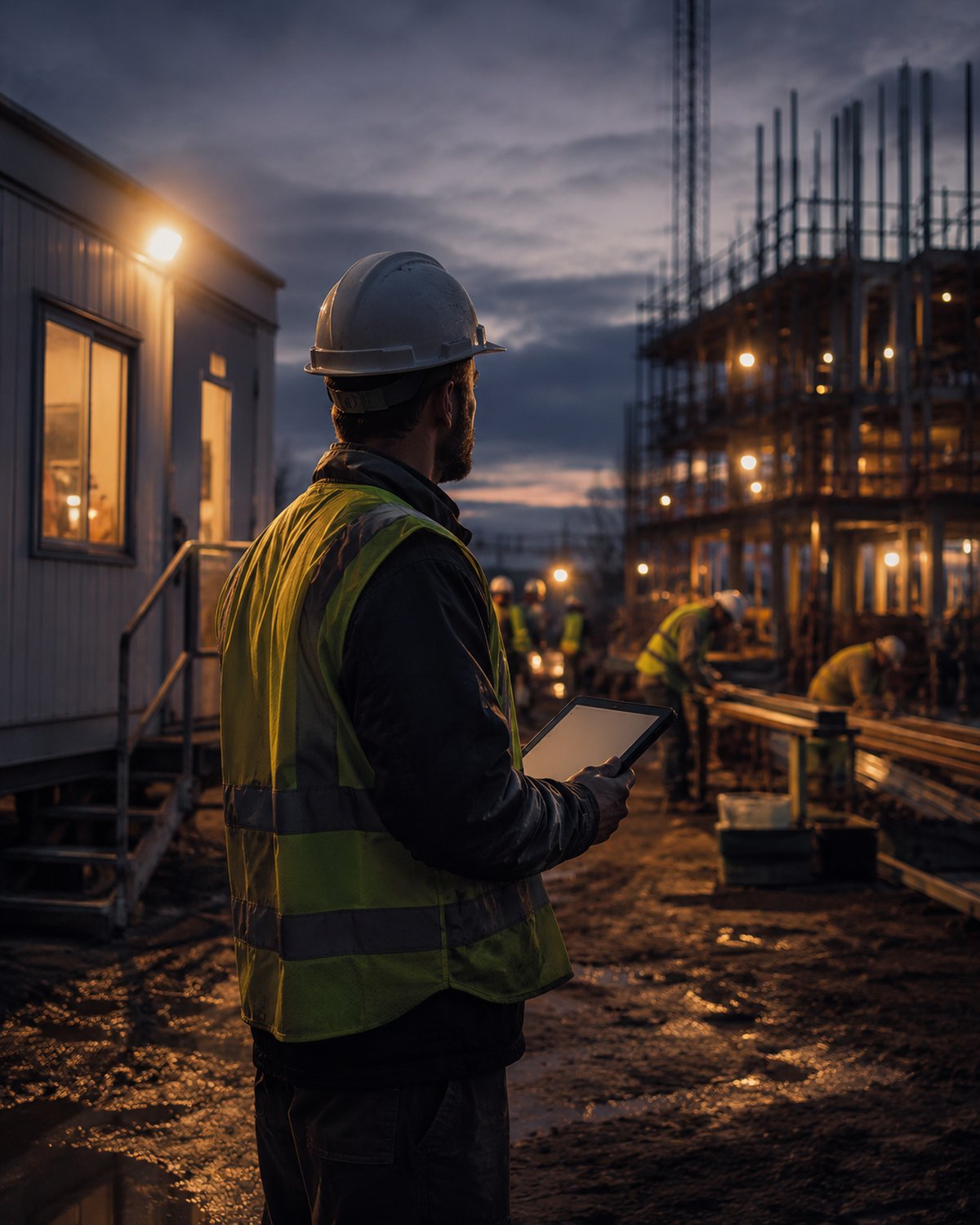 A construction jobsite with a crew, a site trailer, and a supervisor holding a tablet checking connectivity