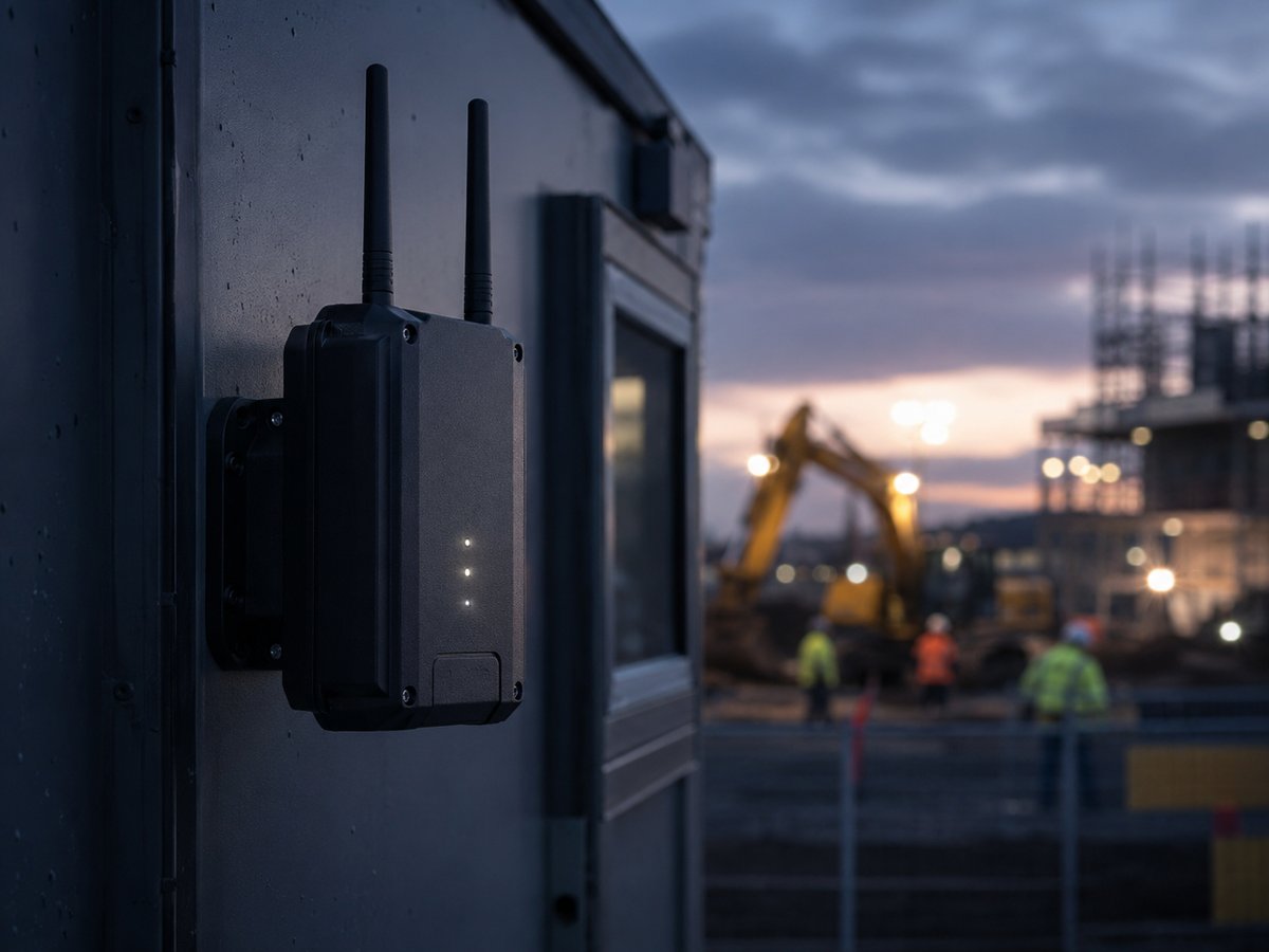 A construction site trailer with a rugged internet router, crew and site behind