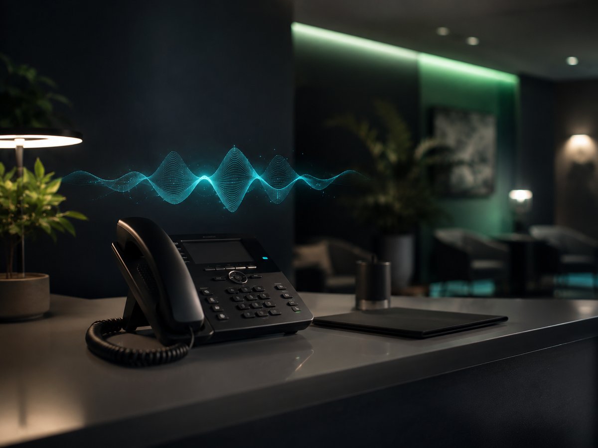 A reception phone with a soft AI assistant visual answering and booking an appointment, calm clinic behind