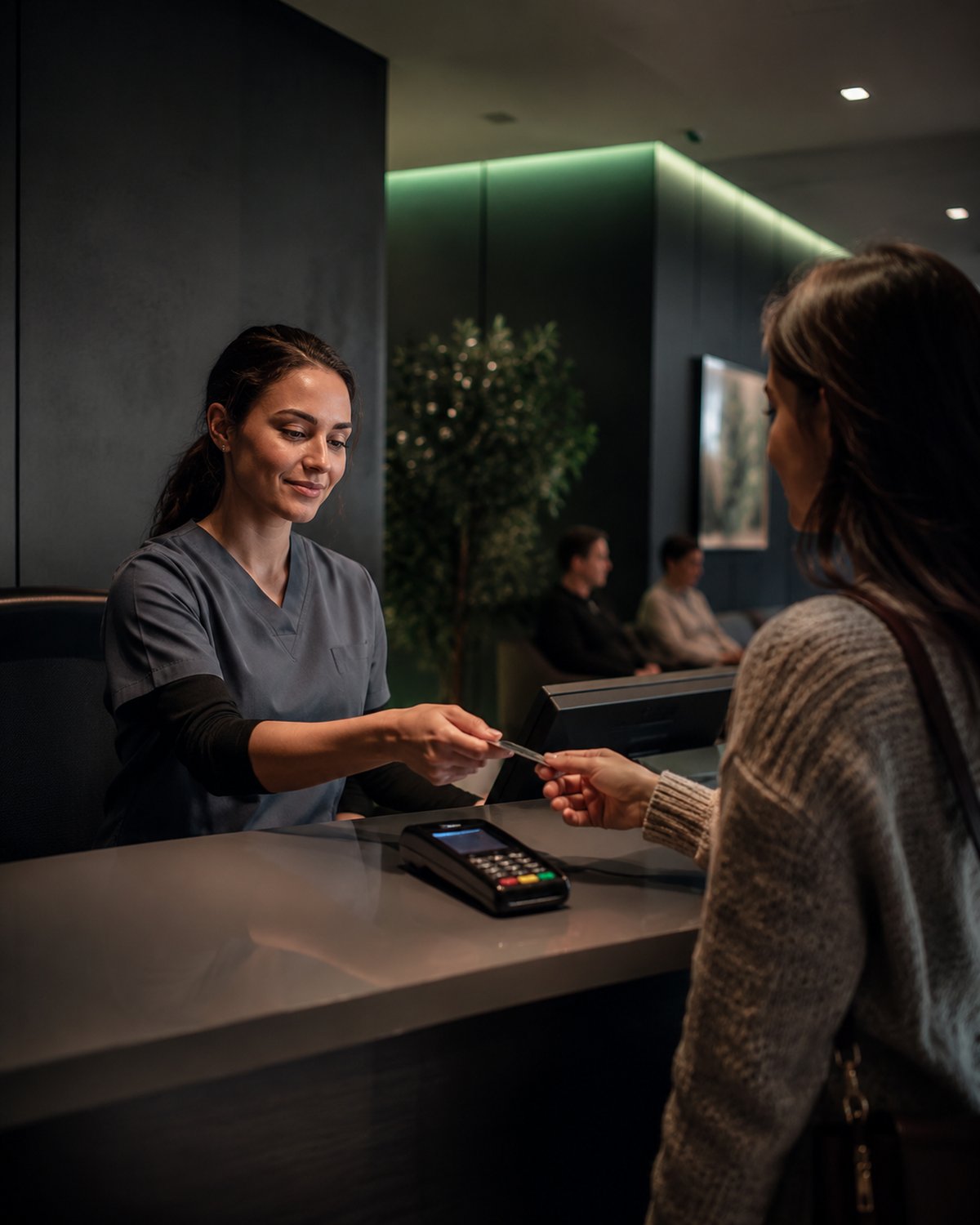 A calm modern medical clinic reception — staff helping a patient check in, a card terminal and screen at the desk