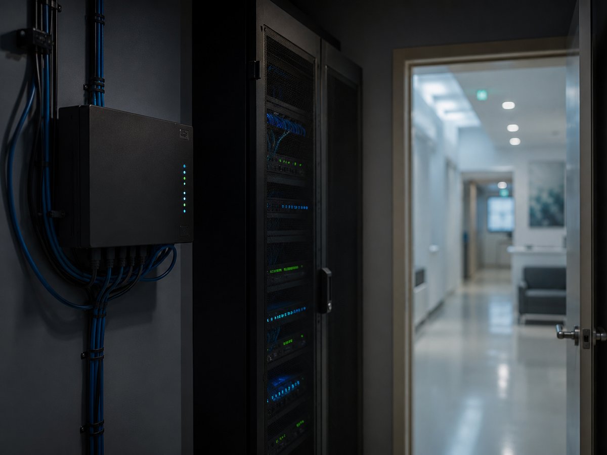 A tidy clinic server area with a Rogers business gateway, secure network equipment, clinic visible through a doorway