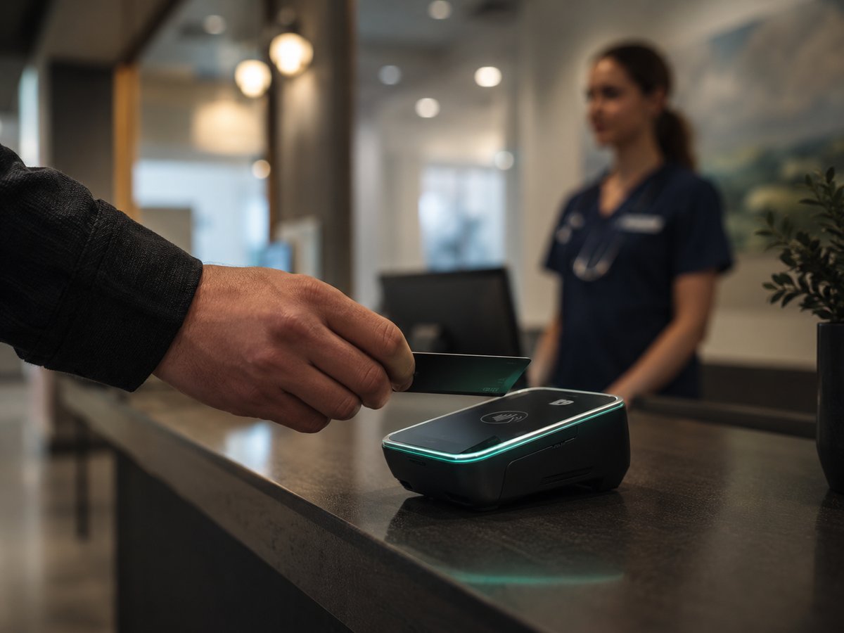 A clean medical reception desk with a modern card terminal, patient tapping to pay
