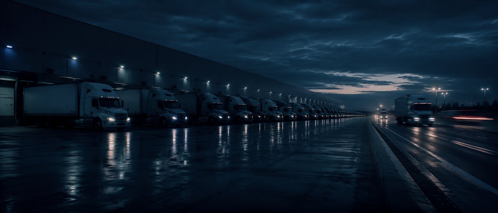 A fleet of trucks on the road or at a depot at dusk
