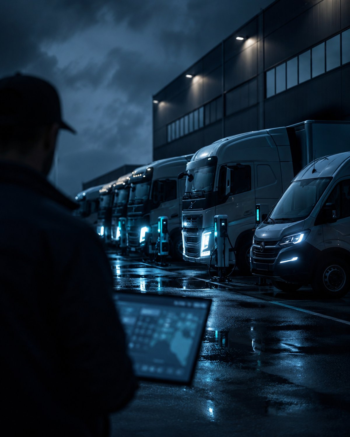 A logistics fleet of trucks at a depot at dusk, a dispatcher with a tracking screen, connected and organized