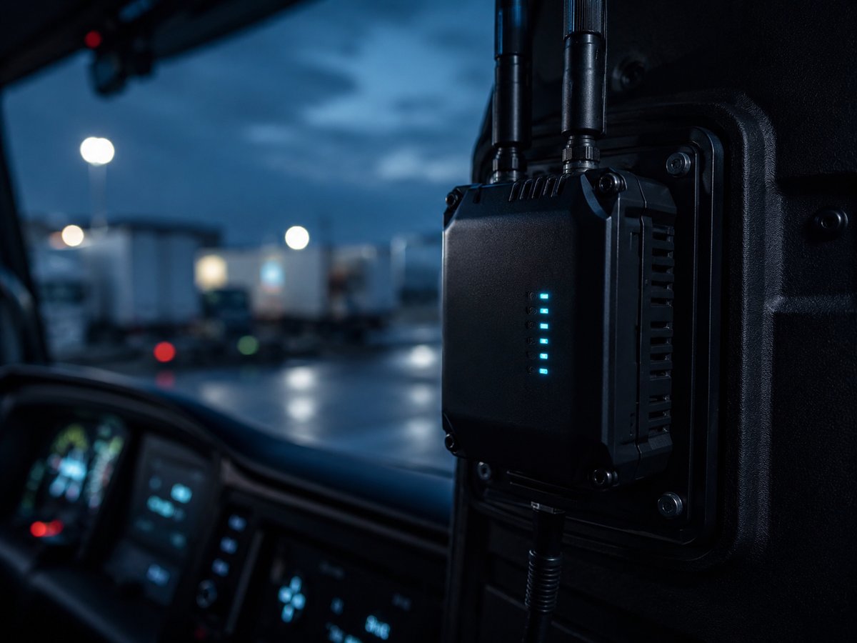 A rugged in-vehicle router and a depot network gateway, truck cab and yard visible