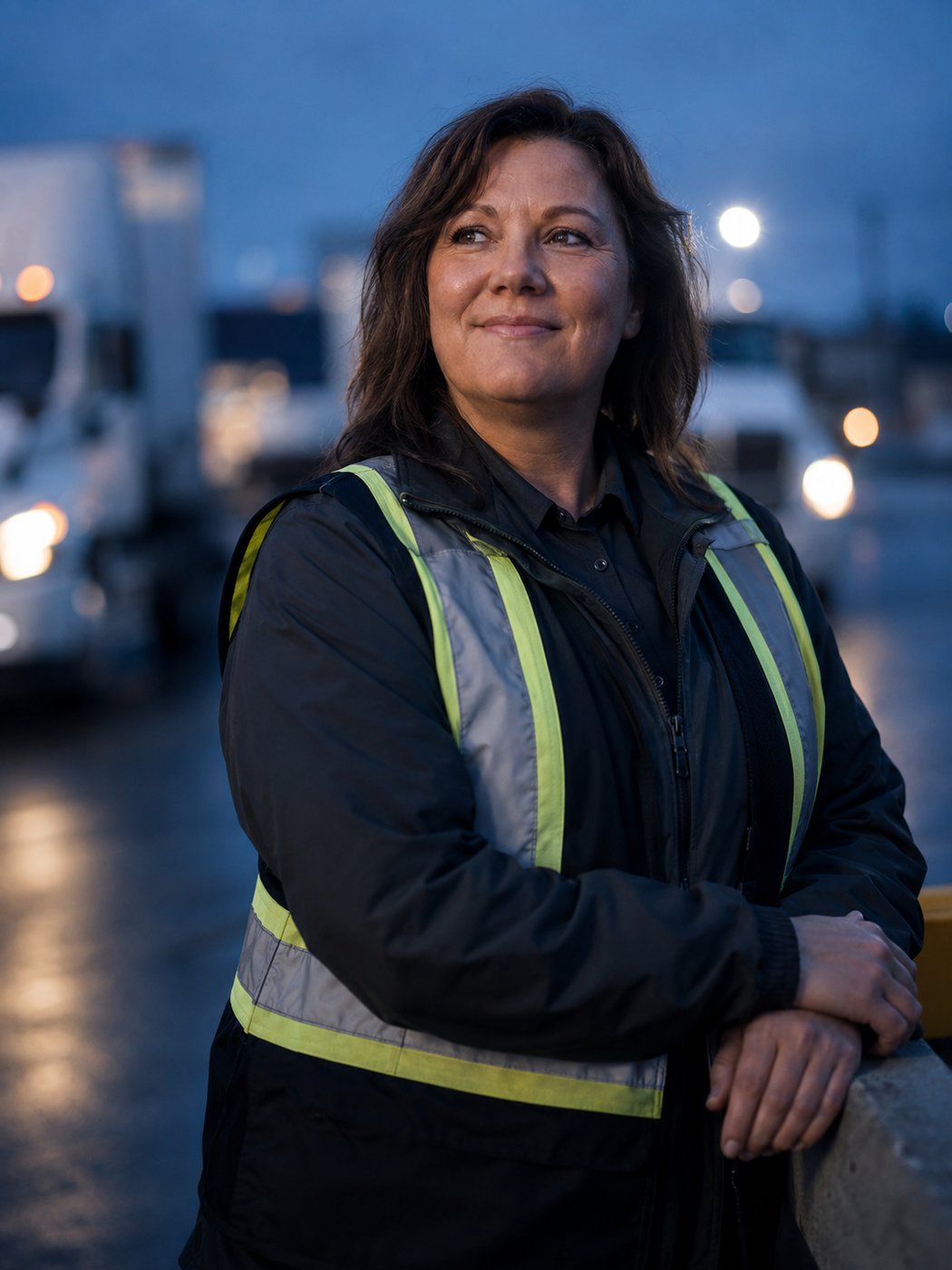 A confident fleet or operations manager in a hi-vis vest standing in a depot yard with trucks