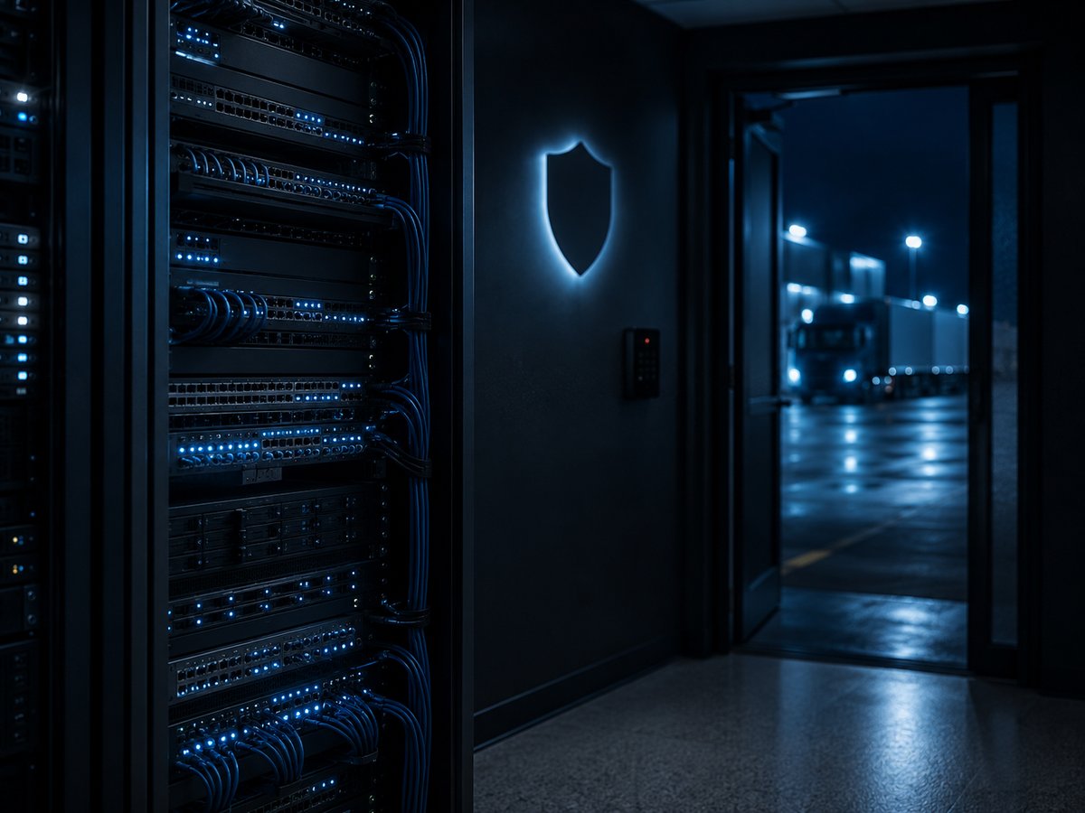 A secure depot IT area with managed network equipment, subtle shield motif, yard beyond
