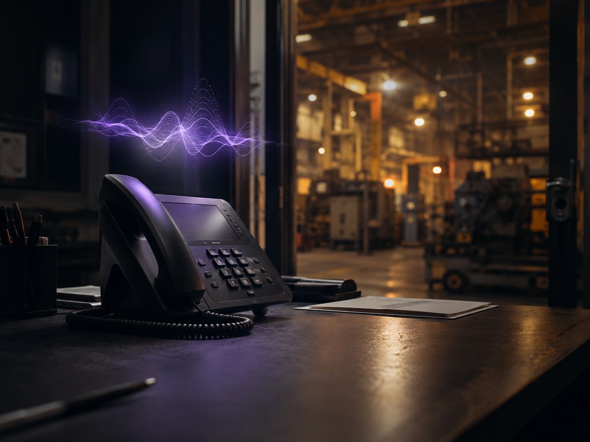An AI voice agent visual answering a manufacturer front-office phone, RFQ and quote requests being captured, plant beyond