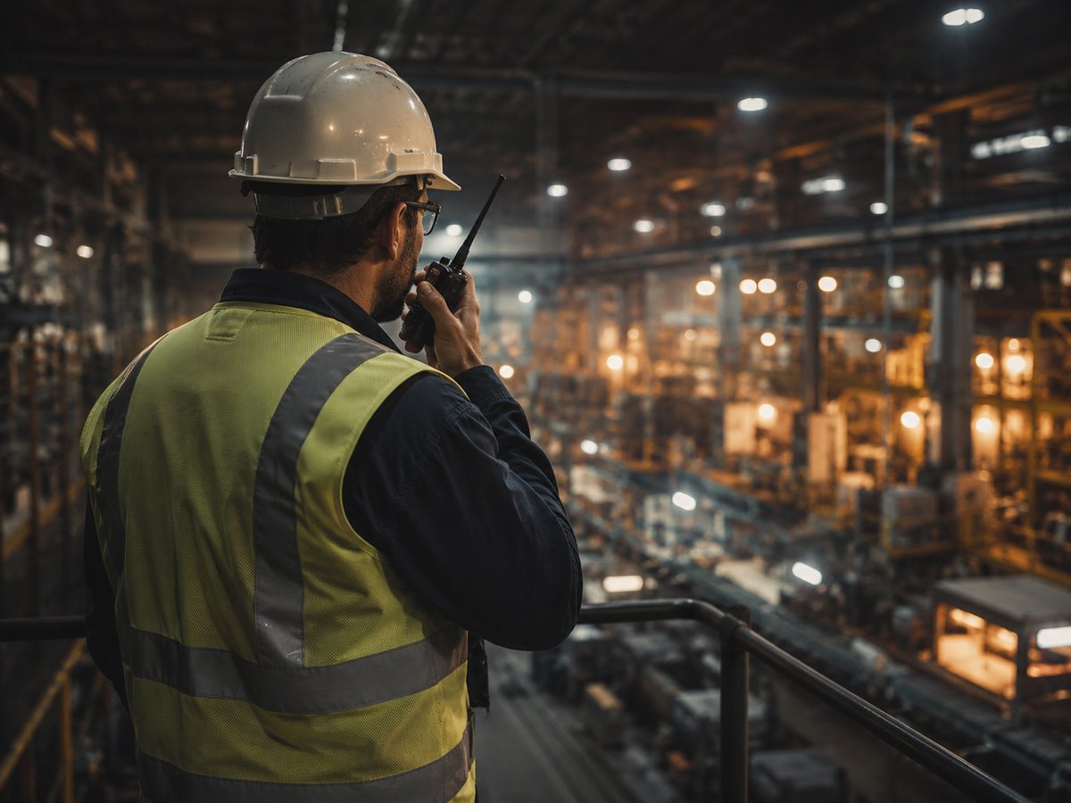 A plant supervisor using a handset to coordinate the warehouse floor and office