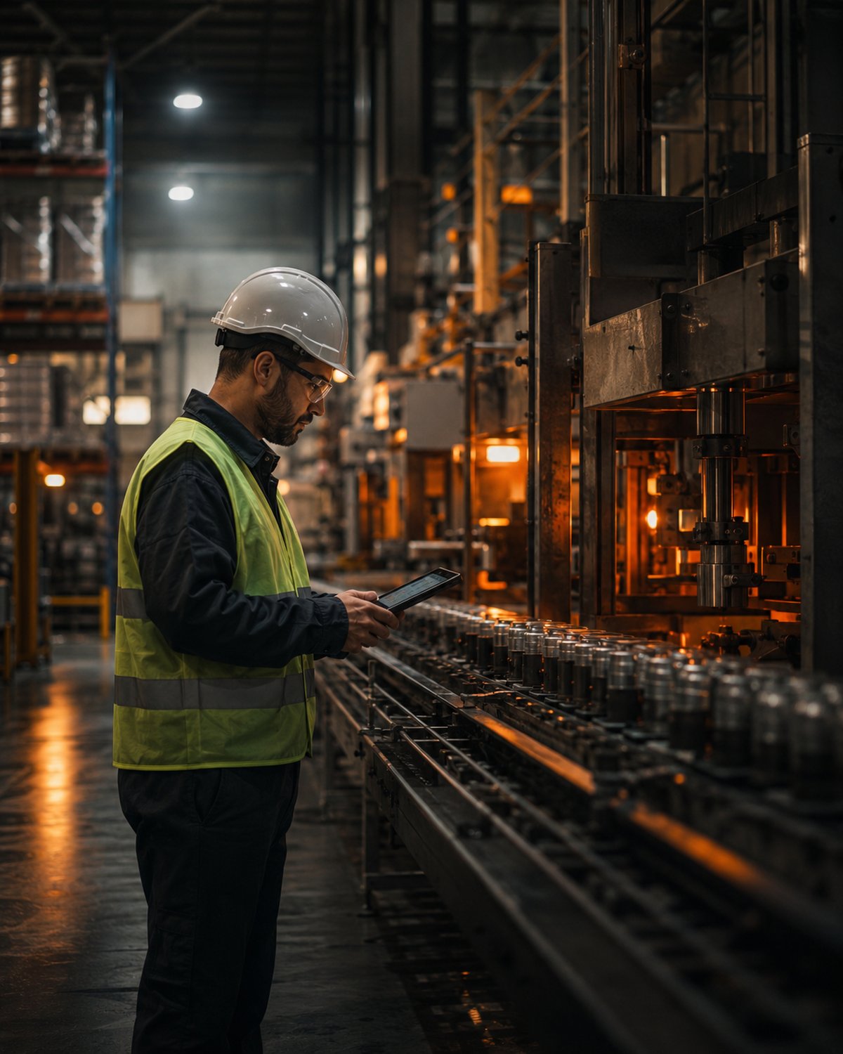 A modern manufacturing plant floor with machinery and a supervisor holding a tablet, warehouse racking behind