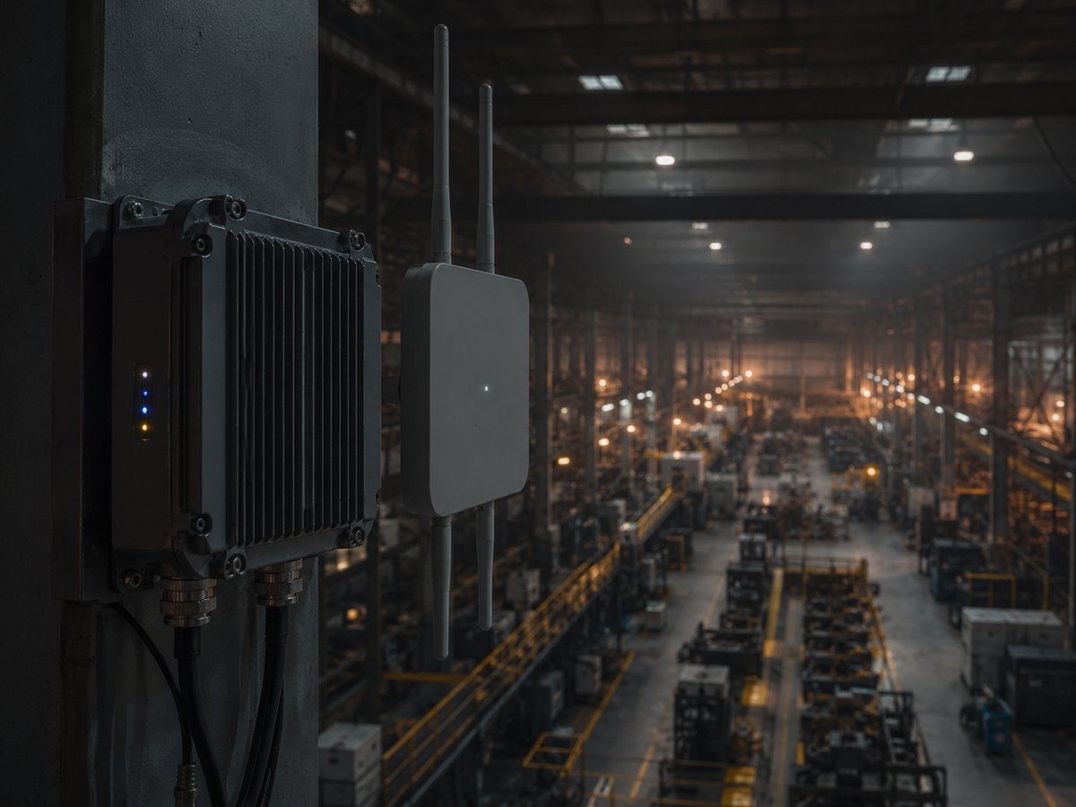 Industrial WiFi access points and network gear across a plant floor and warehouse racking