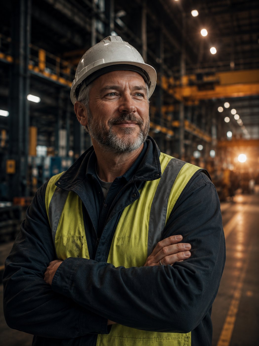 A confident plant or operations manager in a hard hat and hi-vis standing on a factory floor