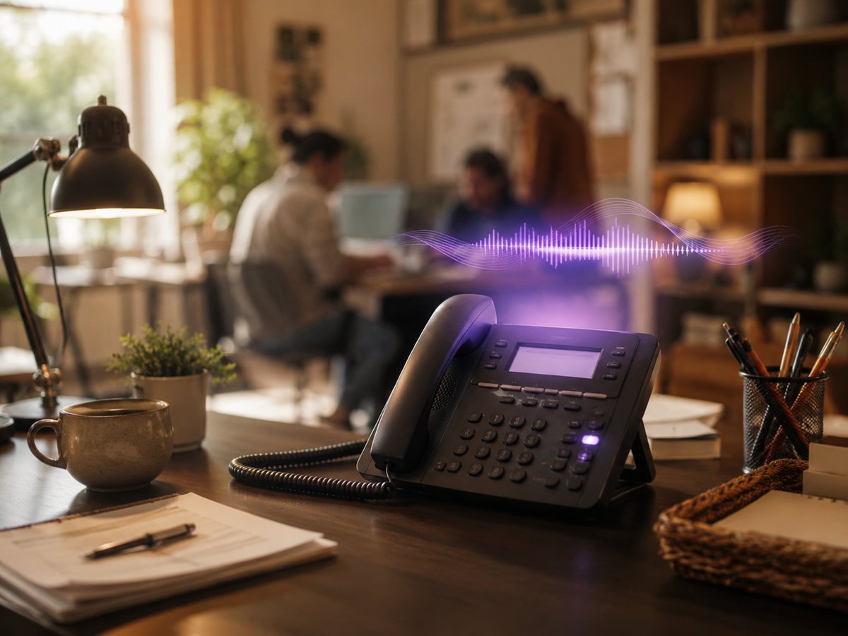 An AI voice agent visual answering a nonprofit phone, a warm community office behind