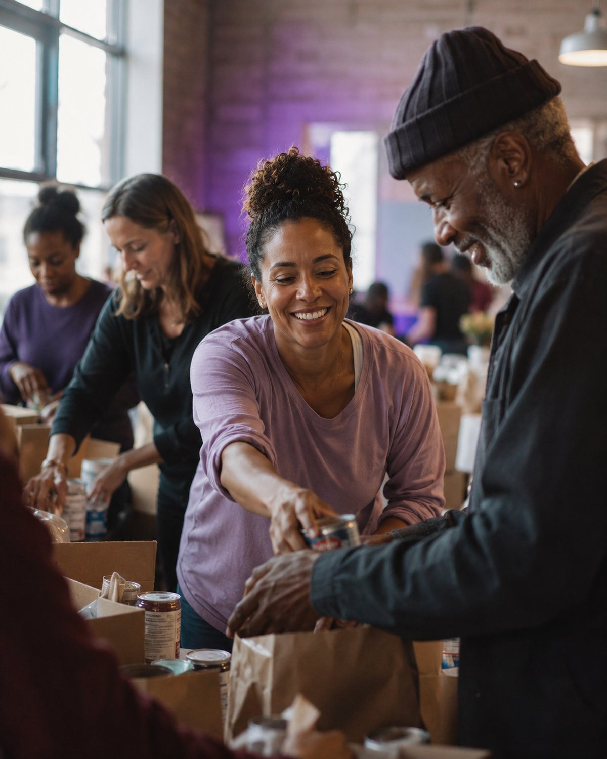 A warm community nonprofit scene with volunteers and staff working together on a mission, hopeful and genuine