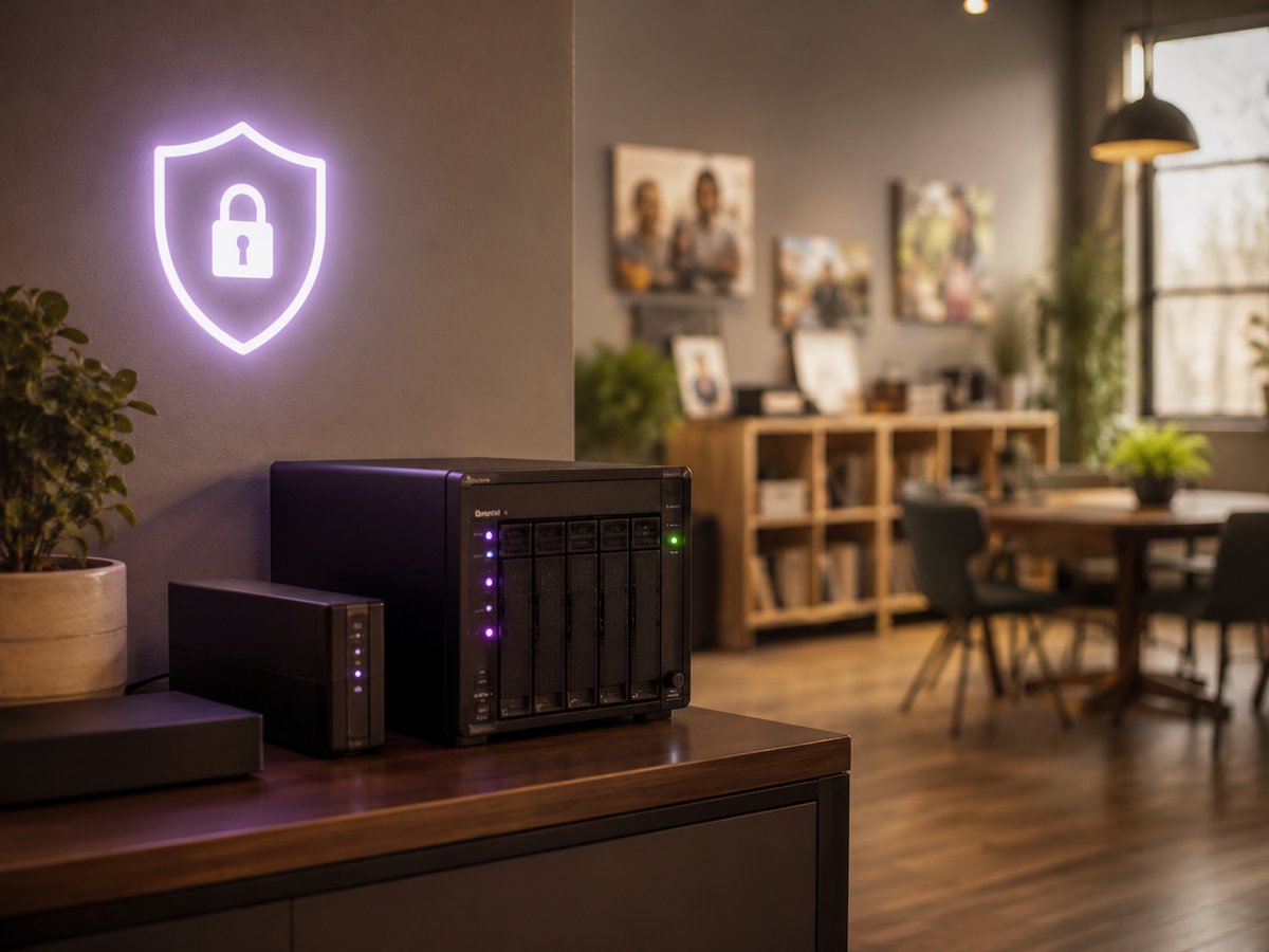 A secure nonprofit IT setup protecting donor data, subtle shield motif