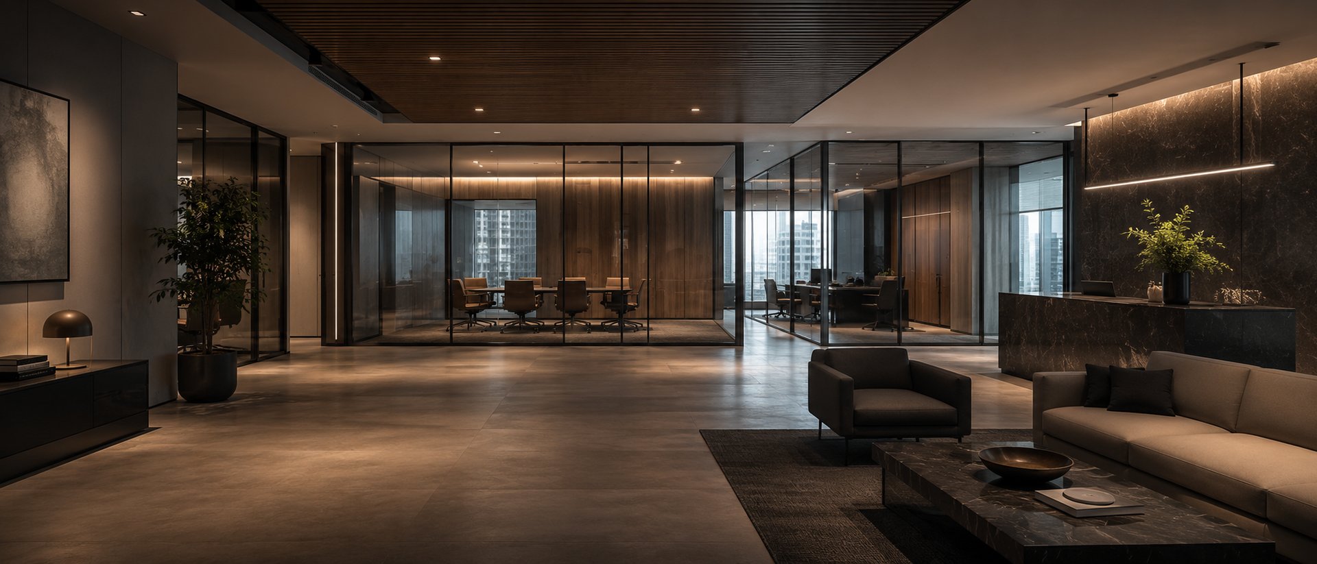 A modern professional-services office at a calm confident moment