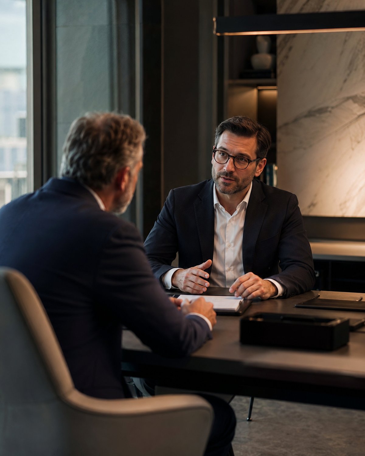 A professional office with an advisor and client in a confidential consultation, modern and trustworthy
