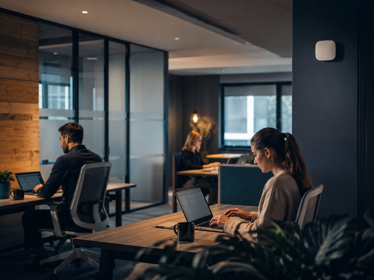 A modern professional office with reliable connectivity, staff working productively