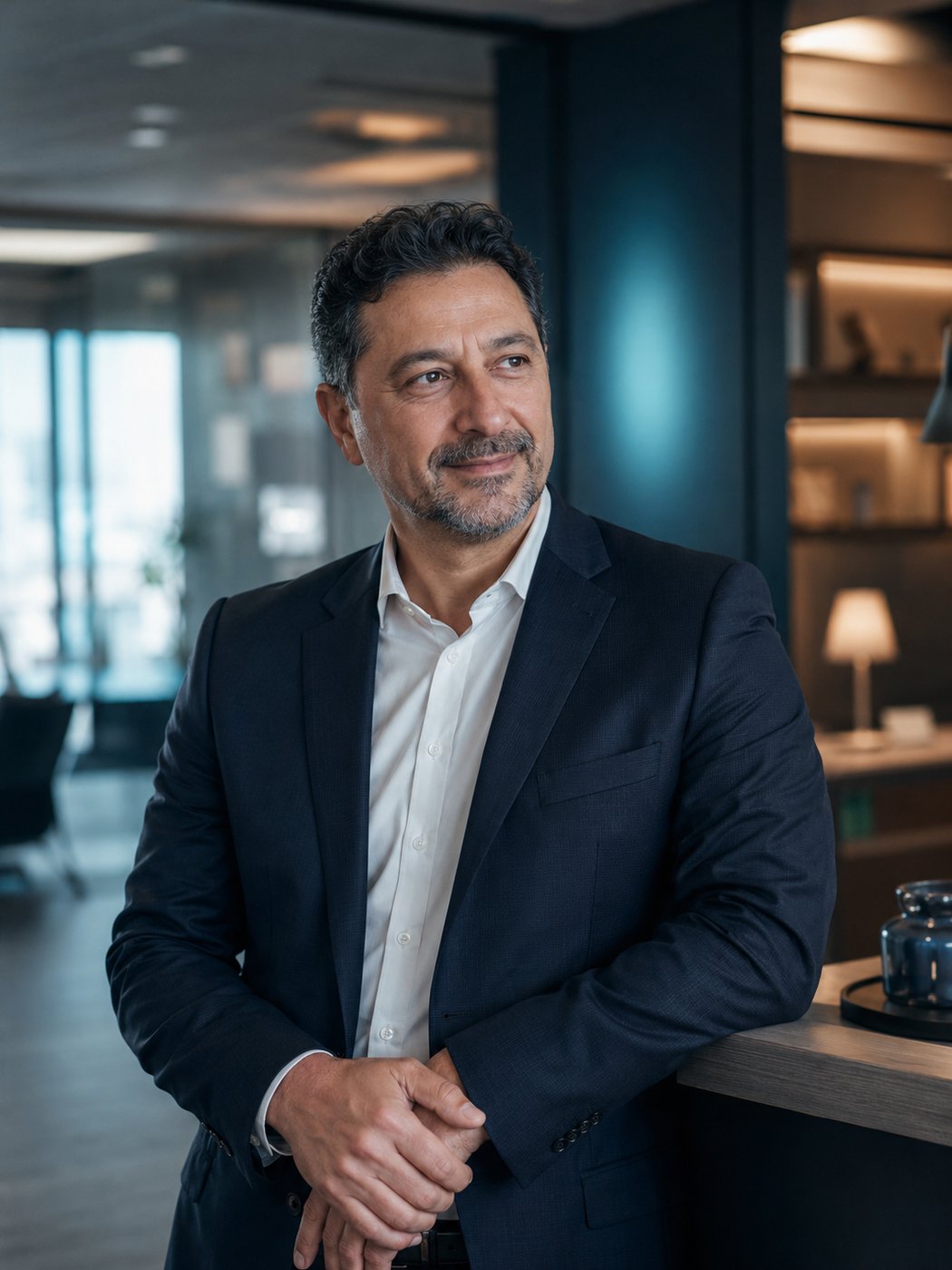 A confident professional-services partner or principal in a modern office