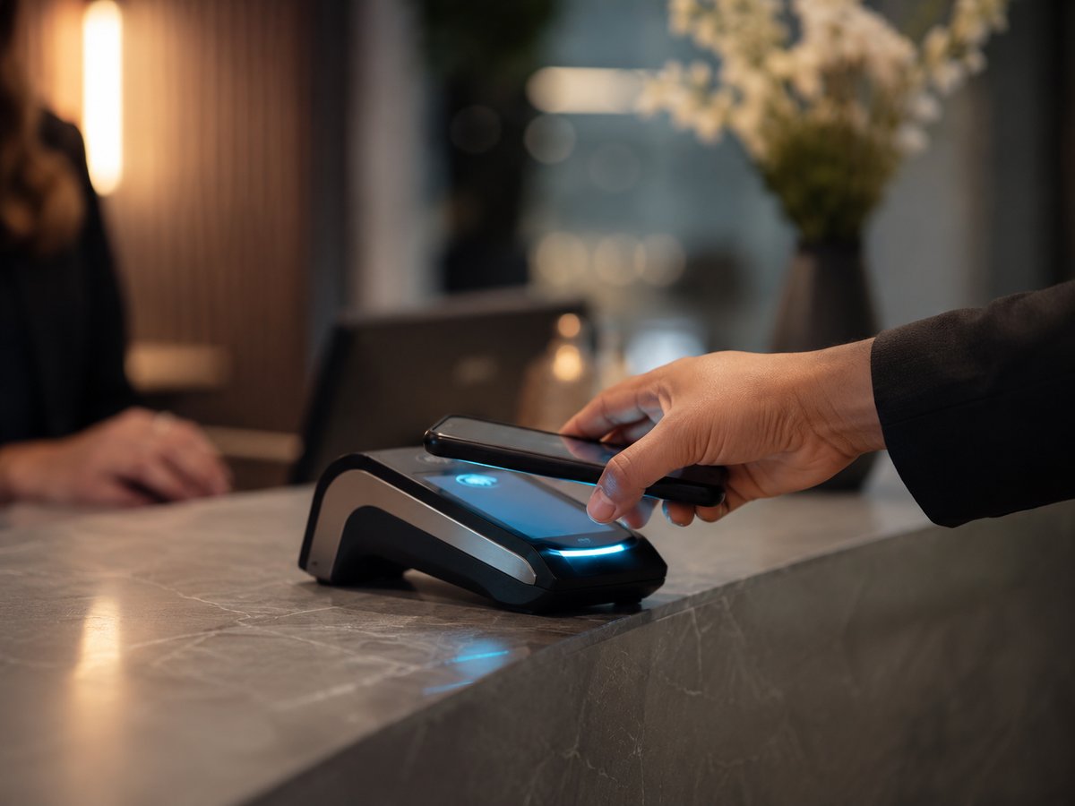 A client paying an invoice with a modern terminal or online, professional setting