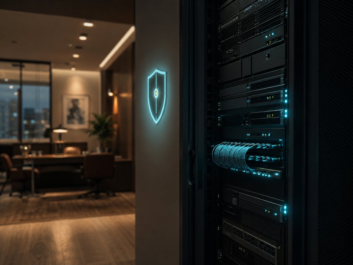 A secure professional-services IT setup protecting confidential client data, subtle shield motif
