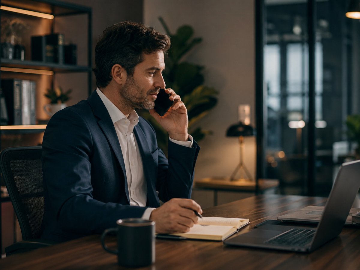 A professional taking a client call in a modern office, polished communications setup