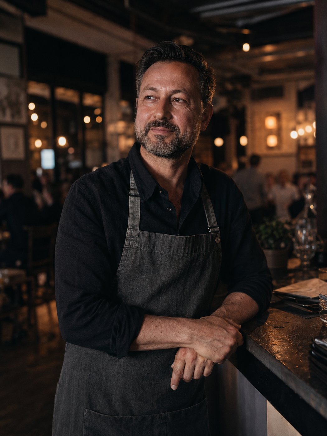 A confident restaurant owner behind the counter of their busy dining room