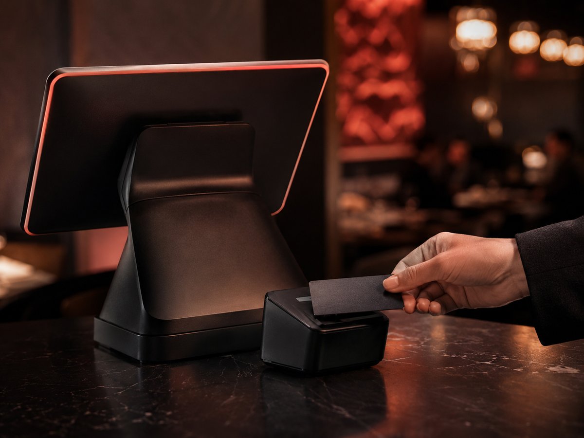 A sleek restaurant POS terminal and card reader at the counter with a tap payment in progress
