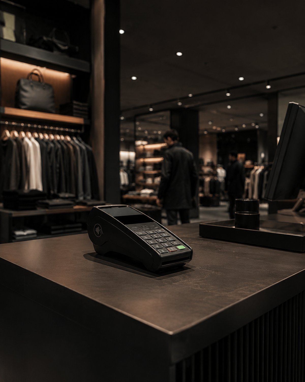 A modern multi-location retail store interior — checkout counter with card terminal, shelves and shoppers softly blurred