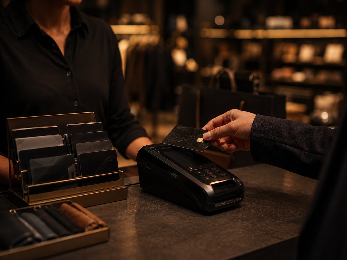 A shopper using a loyalty program at checkout, gift cards displayed, bright retail setting