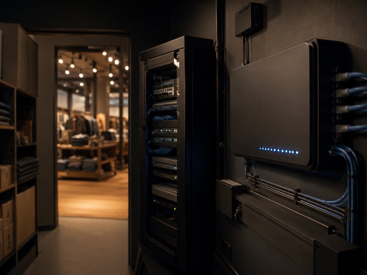 A retail back office with a Rogers business gateway and tidy network rack, store floor visible beyond
