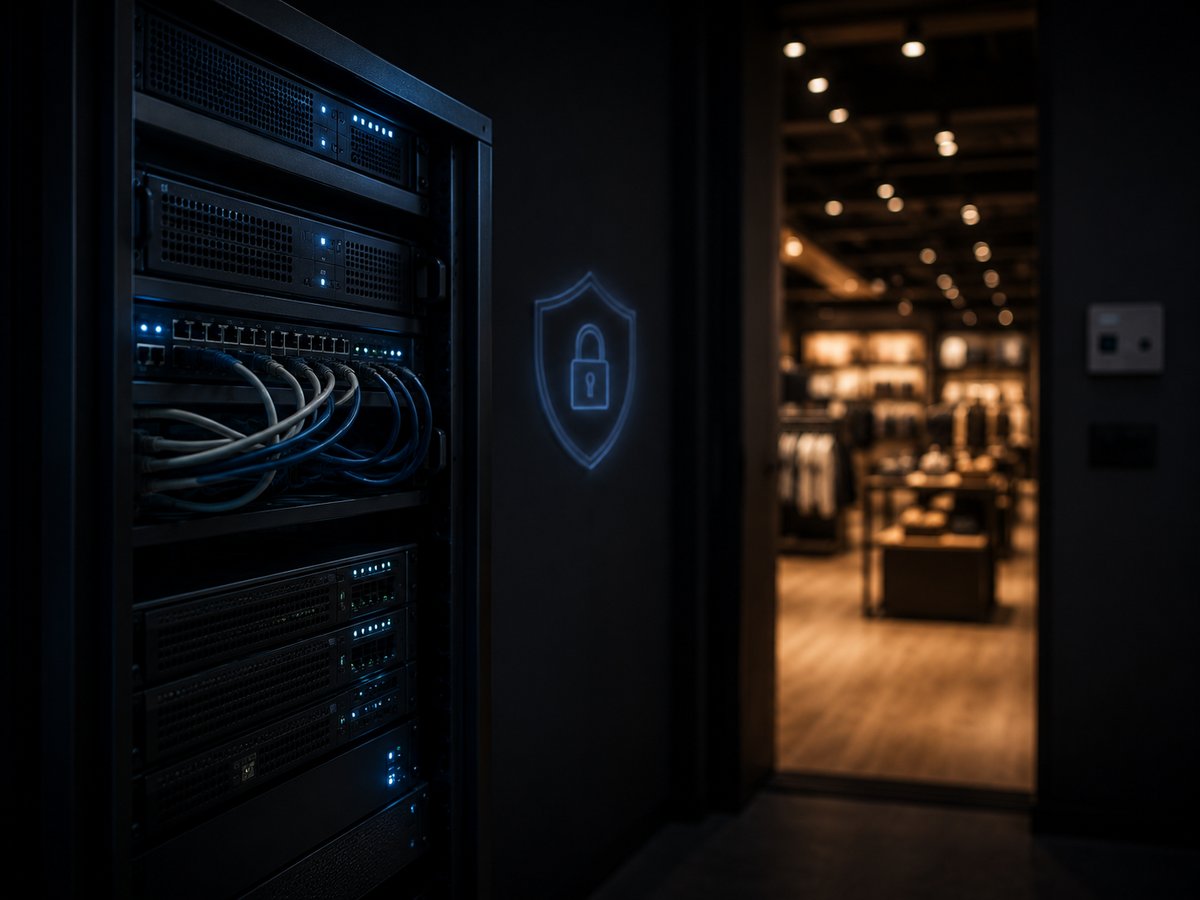 A secure retail server area with managed IT equipment, subtle lock/shield motif, store beyond